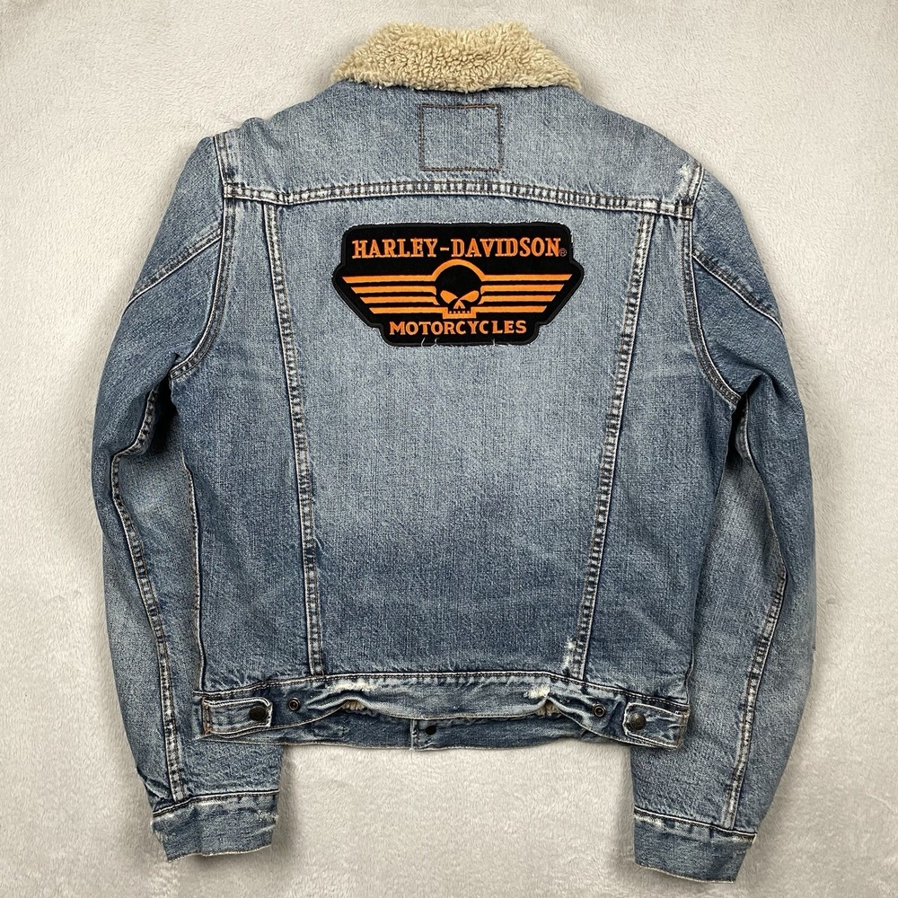 Abercrombie & Fitch Denim Trucker Jacket Men Medium Sherpa Harley Davidson Skull